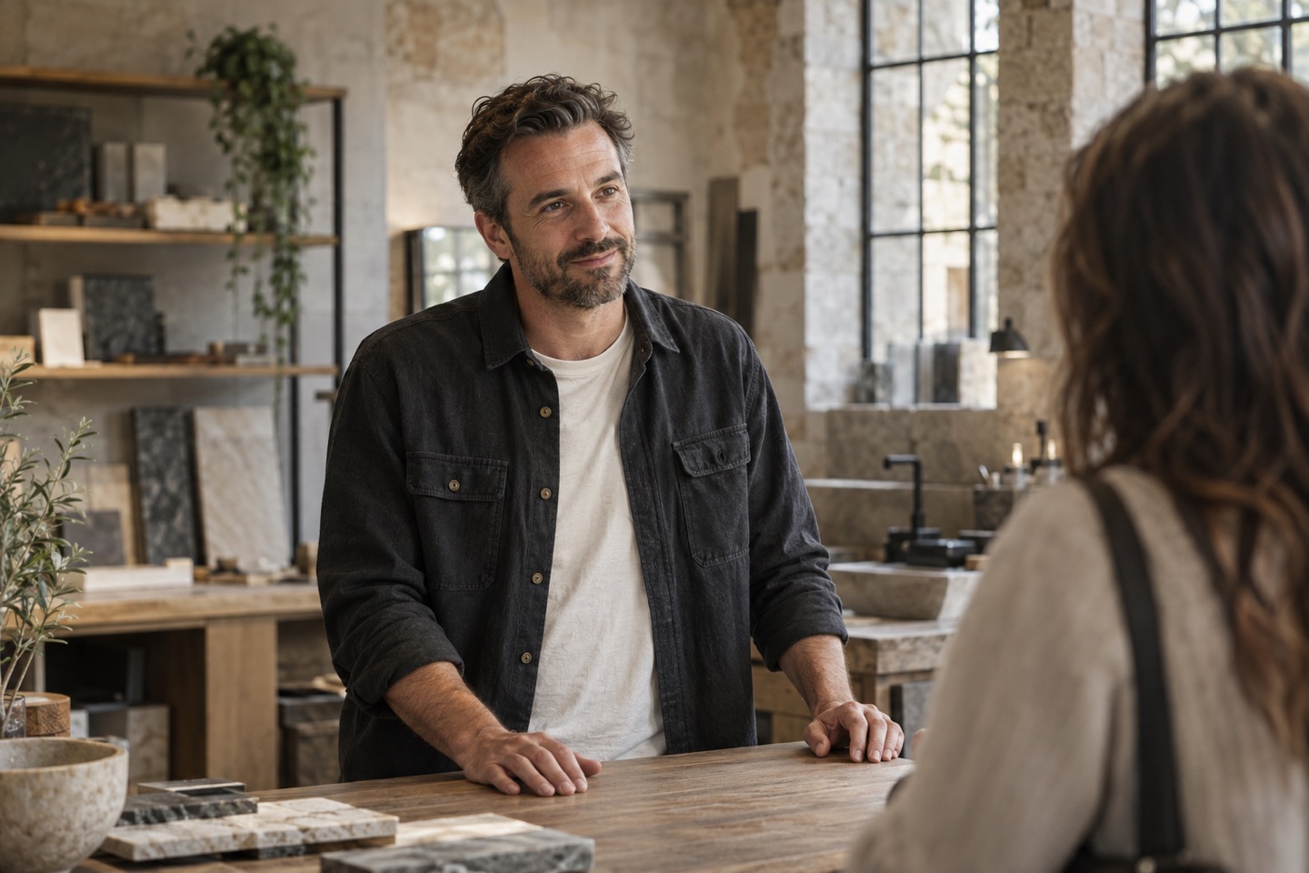 A local business owner listening to a customer in a welcoming showroom.