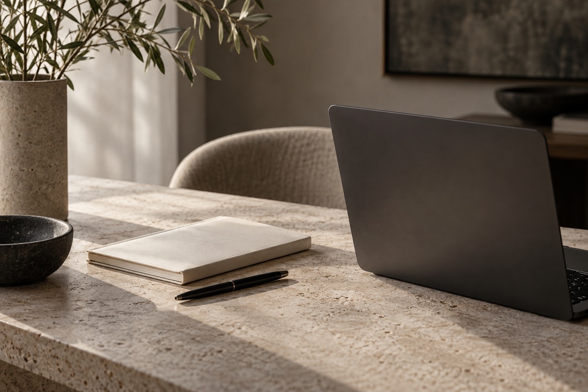 A quiet workspace with a laptop and notebook.